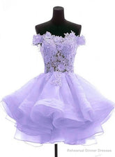Lavender Off Shoulder Lace Sweetheart Homecoming Dresses, Light Purple Party Dress